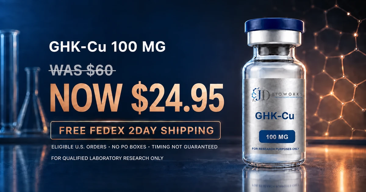 GHK-Cu 100 MG research special: regular price $60, now $24.95, with free FedEx 2Day shipping for eligible U.S. orders