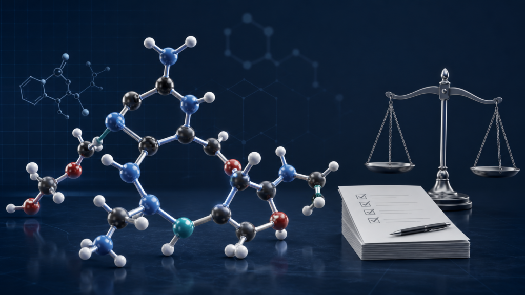 Peptide molecular model beside a review checklist and balance scale representing FDA advisory review