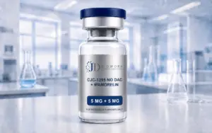 CJC-1295 No DAC + Ipamorelin research material vial with wrapped metallic label marked For Research Purposes Only