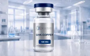 GHK-Copper research material vial with wrapped metallic label marked For Research Purposes Only