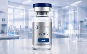 MOTS-C research material vial with wrapped metallic label marked For Research Purposes Only