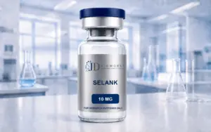 Selank research material vial with wrapped metallic label marked For Research Purposes Only