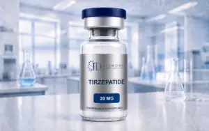 Tirzepatide research material vial with wrapped metallic label marked For Research Purposes Only