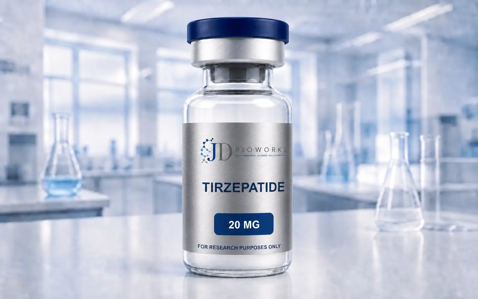 Tirzepatide research material vial with wrapped metallic label marked For Research Purposes Only