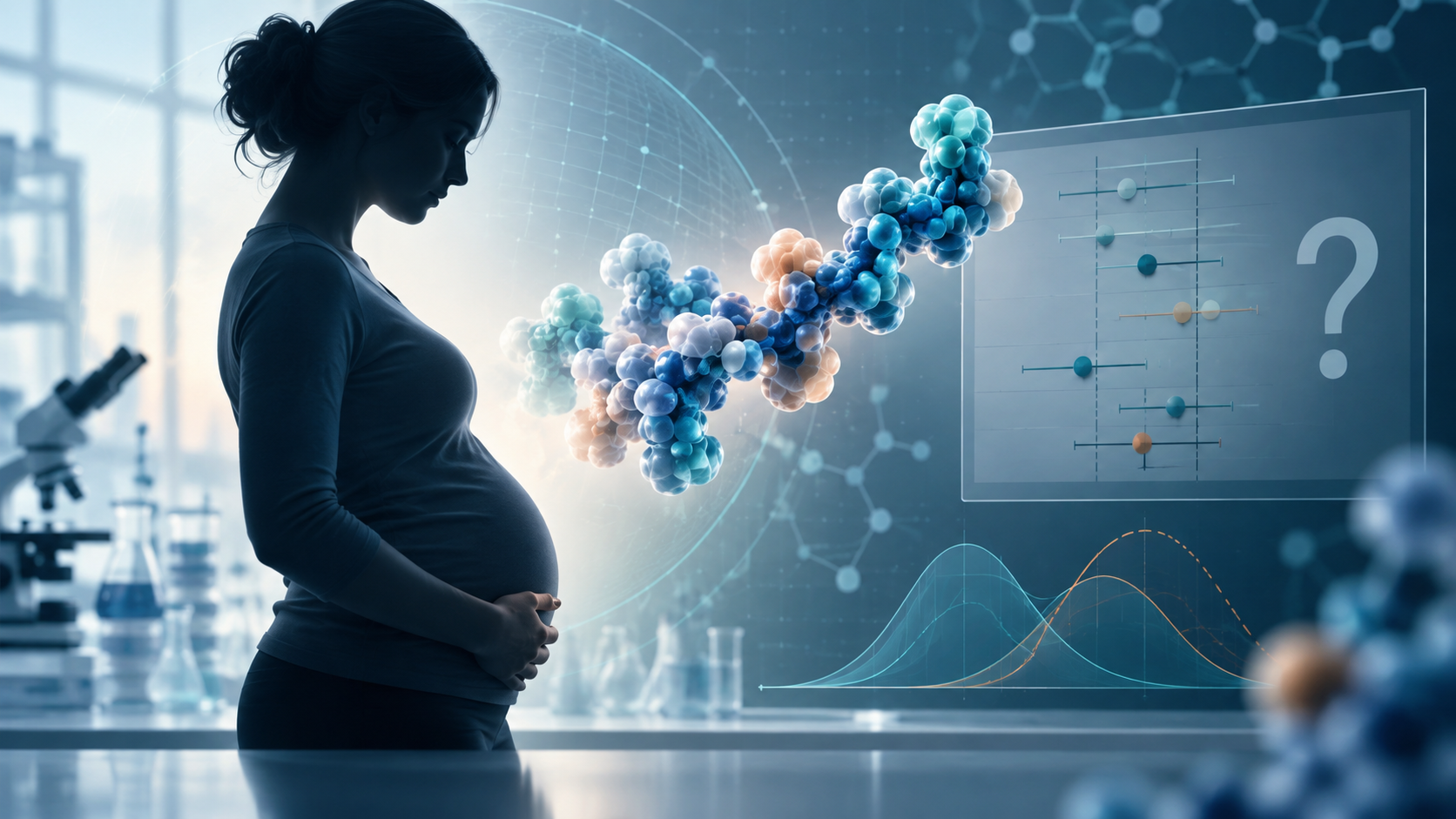 Pregnant silhouette beside a GLP-1 peptide model and clinical study chart representing pregnancy-exposure research